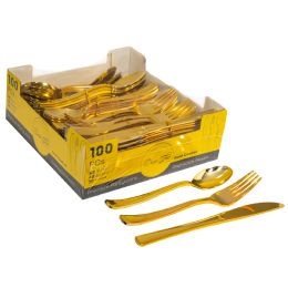 12 Bulk Plastic Cutlery Set 100pc - Gold