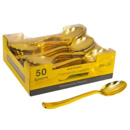 12 Bulk Plastic Spoons Set 50pc - Gold