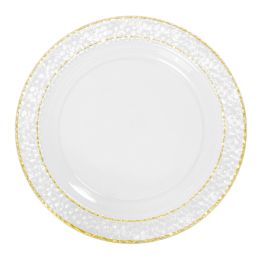 15 Bulk Plastic Plate Set With Hammered Double Gold Rim Edge 10 inch - Gold 12pc Pack