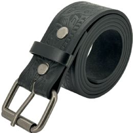 24 Bulk Men's Black Western Leather Belts - Long Horn Bull Engraved Floral Design