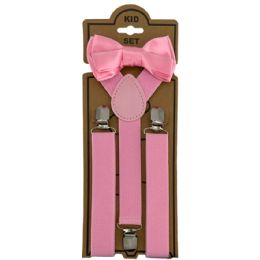 24 Bulk Adjustable Bowtie Suspender Set For Kids Elastic Y-Back Design With Strong Metal Clips Pink