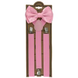 24 Bulk Adjustable Elastic Y Back Style Bowtie Suspender Set Pink