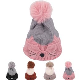 24 Bulk Kid's Winter Beanie Hat - Cat Whiskers Design