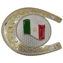 12 Bulk Oversized Horsenail Design Mexican Flag Belt Buckle