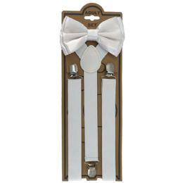 24 Bulk Adjustable Elastic Y Back Style Bowtie Suspender Set White
