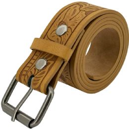 24 Bulk Light Brown Western Belts For Women And Men - Floral Engraved
