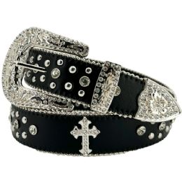 24 Bulk Western Cowgirl Black Rhinestone Belts - Silver Cross