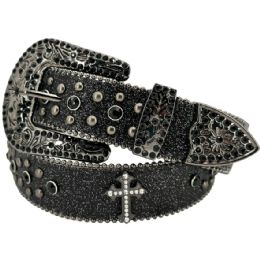 24 Bulk Black Rhinestone Belts For Women And Men - Bling Cross Design