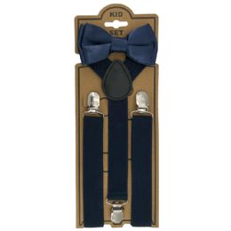 24 Bulk Adjustable Bowtie Suspender Set For Kids Elastic Y-Back Design With Strong Metal Clips Navy Blue