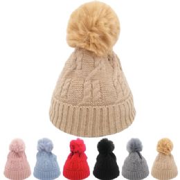 24 Bulk Kid's Faux Fur Pom Pom Cable Knit Beanie Sets
