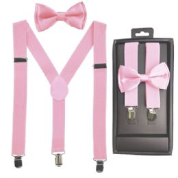 12 Bulk Light Pink Kid Bowtie And Suspenders Set