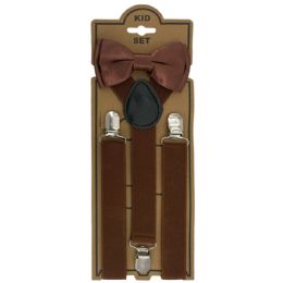 24 Bulk Adjustable Bowtie Suspender Set For Kids Elastic Y-Back Design With Strong Metal Clips Dark Brown