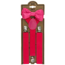24 Bulk Adjustable Bowtie Suspender Set For Kids Elastic Y-Back Design With Strong Metal Clips Hot Pink