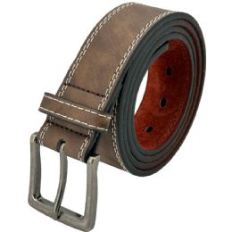 24 Bulk Mens Casual Belts - Coffee Brown Stitched Design Faux Leather Belt