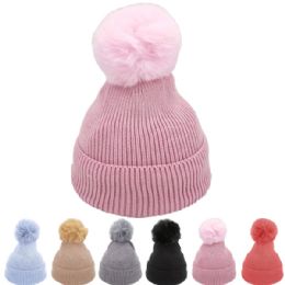 24 Bulk Kid's Pom Pom Faux Fur Ball Knit Beanie Sets