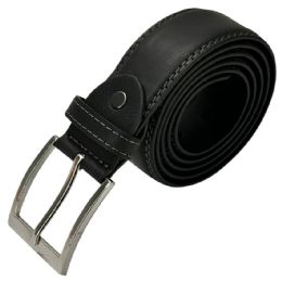 24 Bulk Men's Leather Belts Stitched Edges Noir Black Mixed Sizes