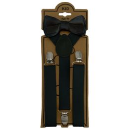 24 Bulk Adjustable Bowtie Suspender Set For Kids Elastic Y-Back Design With Strong Metal Clips Black