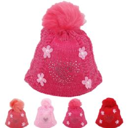 24 Bulk Kid's Sequined Heart Beanie Hat - Winter Essential