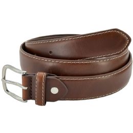 24 Bulk Brown Belts White Stitched Leather For Kids Mixed Sizes