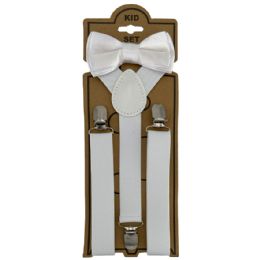 24 Bulk Adjustable Bowtie Suspender Set For Kids Elastic Y-Back Design With Strong Metal Clips White
