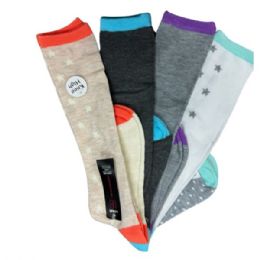 12 Bulk Nobo 4 Pack Knee High Socks In Solids With Colorful Cuff