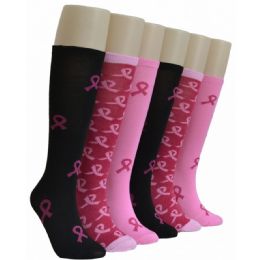 240 Bulk Ladies KneE-High Socks 9-11 - Pink Ribbons