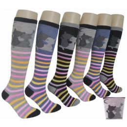 240 Bulk Ladies KneE-High Socks 9-11 - Cat Stripes