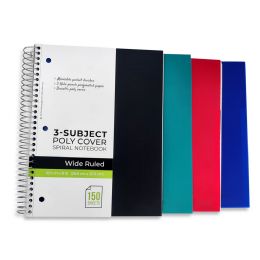 12 Bulk 150 Ct, 10 1/2 X 8, 3-Subject Poly Cover Spiral Notebooks, Wide Ruled, Pocket Divider, Black,blue,green,red