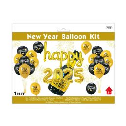 24 Bulk Happy New Year 2025 Balloon Kit 26pc Set Gold+black
