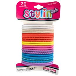36 Bulk Stylin' Girls 20 Piece Clasp Free Premium Elastics Pnyholders In Assorted Bright Colors