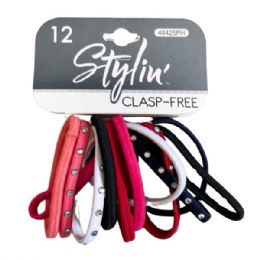 36 Bulk Stylin' 12 Piece Clasp Free Hair Elastics In Assorted Colors And Rinestone Details