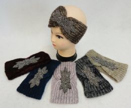 48 Bulk Hand Knitted Ear Band [variegated Loop With Beaded Applique]