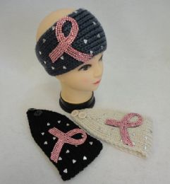 48 Bulk Hand Knitted Ear Band [pink Rhinestone Ribbon W Heart Studs]