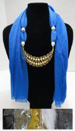 24 Bulk Scarf NecklacE-Crescent Moon W/ Gold Scrollwork 70"