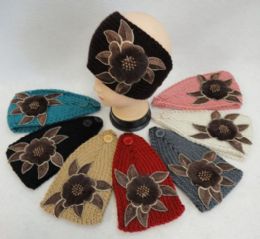 48 Bulk Wide Hand Knitted Ear Band W Floral Applique [fur & Beads]