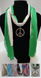 24 Bulk Scarf NecklacE-Colored Rhinestone Peace Sign 70"