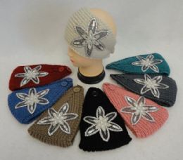48 Bulk Wide Hand Knitted Ear Band [star Flower Applique W Gems]