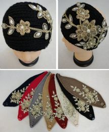 48 Bulk Widehand Knitted Ear Band W Metallic Floral Applique[pearls&gems]