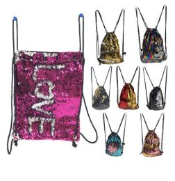 24 Bulk 15"x11.5" Reversible Sequin Drawstring Backpack