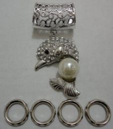 24 Bulk Scarf Charm: 3d Rhinestone Dolphin With Pearl
