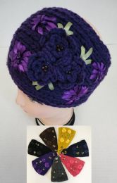 48 Bulk Wide Hand Knitted Ear Band [3 Flowers]