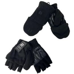 24 Bulk Men's Fleece Half Fingerless Gloves With Flip Mitt [black Only]