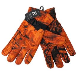 24 Bulk Men's PlusH-Lined Orange Camo Fleece Gloves