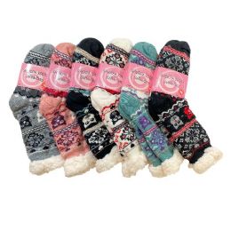 24 Bulk PlusH-Lined Non Slip Sherpa Socks [owl]