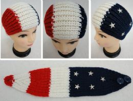 48 Bulk Hand Knitted Ear Band [red/white/blue With Stars]
