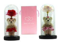 20 Bulk Valentines Led Rose W/bear In Glass Cover W/gift Box