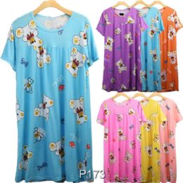 96 Bulk Women's Nightgown Short Sleeve Cotton Blend Bear Print 96pc Box