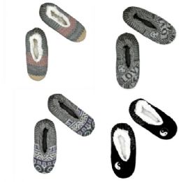 12 Bulk One Size Women's Fuzzy Flexible Knit Slippers In Assorted Prints