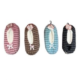 12 Bulk One Size Women's Fuzzy Poodle Striped Fur Slippers In Assorted Colors