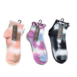 24 Bulk Delias Women's Assorted Colors Tie Dye Ankle Socks With Lettuce Edge Top